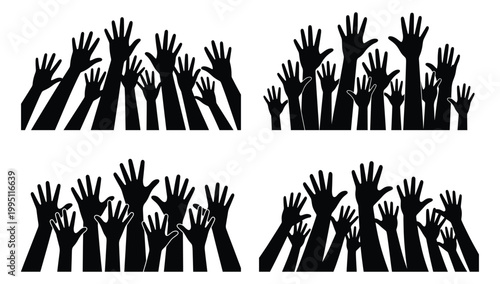 Crowd Hands Raised Up Black Silhouette Vector Pack, Raised Hands Silhouette, Black Raised Hands Vector Clipart Bundle
