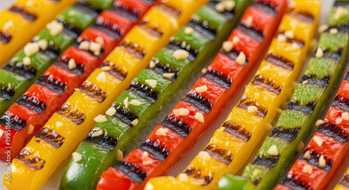 Vibrant grilled bell pepper strips arranged in colorful rows showcasing appetizing char marks and fresh texture ideal for healthy eating concepts