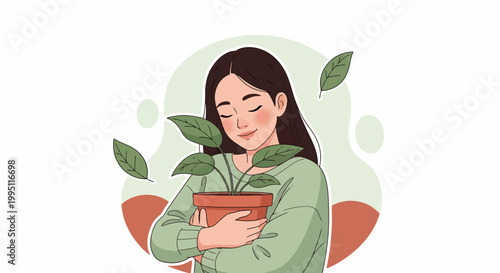 Woman Tenderly Holding a Potted Plant with Green Leaves.