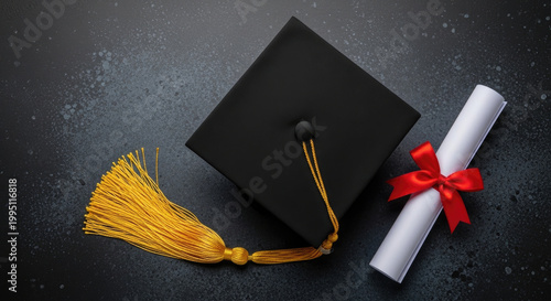 Black graduation cap with golden tassel and rolled white diploma tied with red ribbon on dark textured background symbolizing academic success.