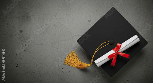 Black Graduation Cap with Golden Tassel and Red-Ribboned Diploma on Textured Gray Concrete Surface Representing Academic Achievement and Ceremony