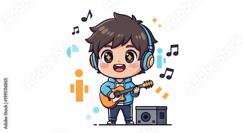 Cute Anime Boy Playing Guitar with Headphones.