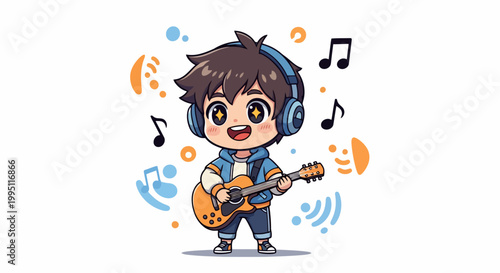 Cute Anime Boy Playing Guitar with Headphones.
