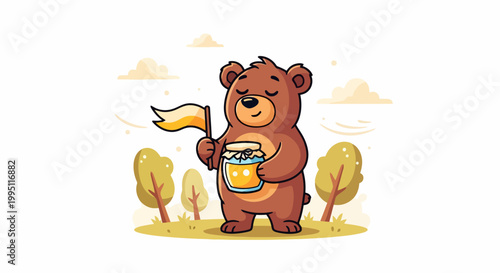Cute cartoon bear holding honey jar and flag.
