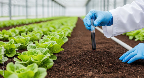 Scientist's gloved hands holding a test tube with soil sample and touching rich earth in a controlled greenhouse for agricultural research.