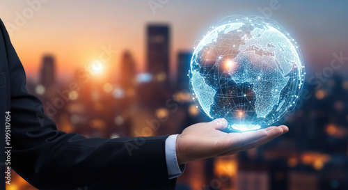 Businessman's hand holds a glowing digital globe with global network representing worldwide business and technology over blurred city sunset.