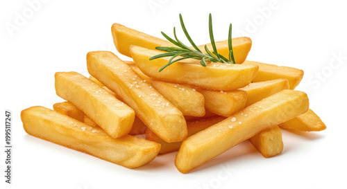 Golden crispy french fries seasoned with coarse salt and fresh rosemary piled neatly on a clean white background ready to eat as an appetizing snack.