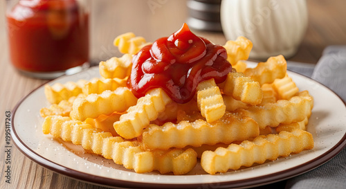 Golden Crinkle Cut French Fries with Ketchup on a White Plate Ready to Eat as a Delicious Snack or Side Dish