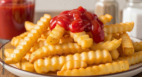 Appetizing close-up of golden crinkle-cut french fries generously topped with vibrant red ketchup served on a white plate ready for a delicious snack or meal.