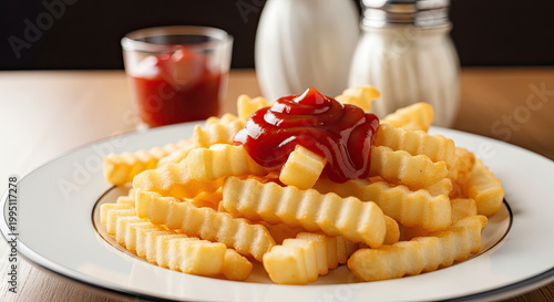 Delicious golden crinkle-cut french fries topped generously with vibrant red ketchup served on a white plate with condiments in the soft-focused background ready to be enjoyed.