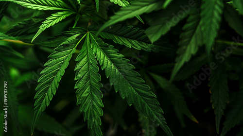 Green leaves of technical hemp lie on a black modern background. Green background of leaves. Close-up young hemp. Green cannabis leaves, marijuana leaves. Medicinal indica with CBD.