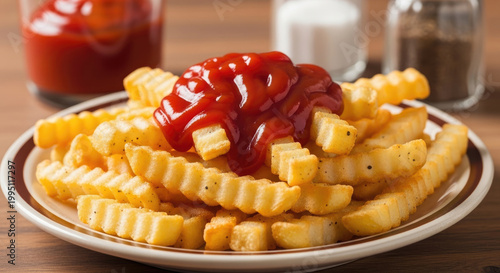 Close-up of golden crinkle-cut french fries generously topped with vibrant red ketchup presented on a white plate with a blurry background