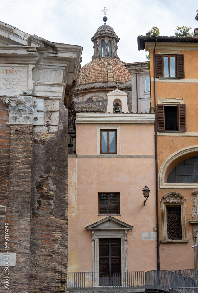 Fototapeta premium Architectural history in details of ruins, old buildings, walls, amfitheatres, arches in old part of Rome, dated from 300 BC, guided tours in Rome, Italy
