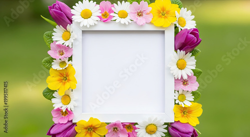 Vibrant Square White Frame Adorned with Colorful Spring Flowers and Green Leaves on a Blurred Natural Green Background