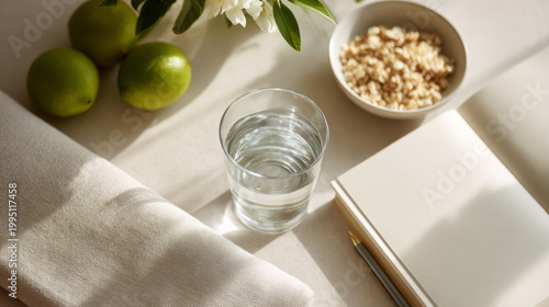 Healthy breakfast setup with water and oats