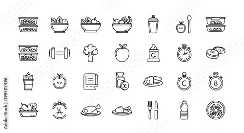 Fitness Meal Prep Line Icon Set Nutrition Workout Food Vector Collection