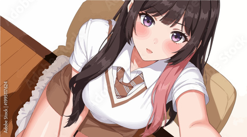 Anime Girl with Long Hair in School Uniform White Shirt Brown Skirt Leaning Forward with Surprised Expression and Big Breast Drawing for Lifestyle Background