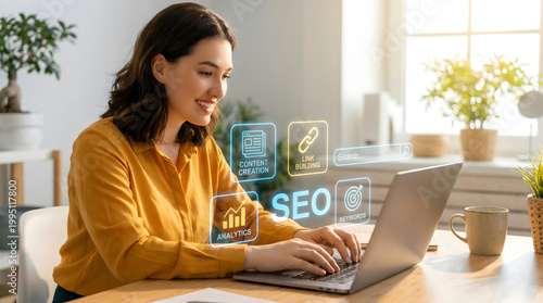 Smiling woman optimizing SEO on laptop, digital marketing strategy