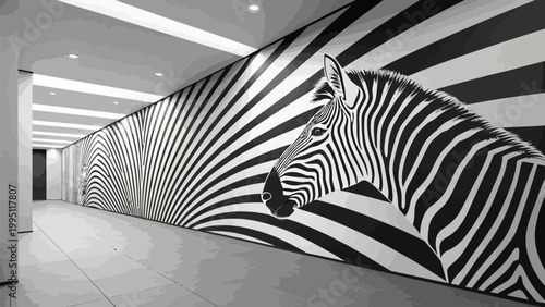 Black and white zebra head on striped wall in hallway with lights