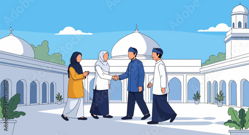 Muslim people greeting each other outside mosque.