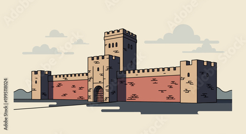 Ancient Fortress Wall with Towers and Gate.