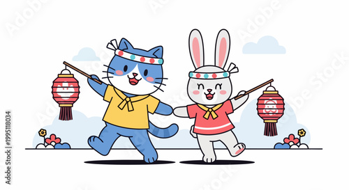 Cute cat and rabbit holding lanterns together.