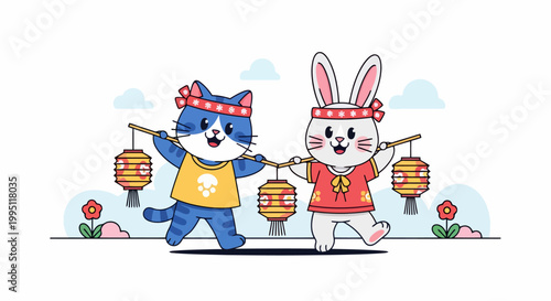 Cute Cat and Rabbit Holding Lanterns Together.