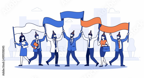 Diverse group of people holding flags in a protest march.