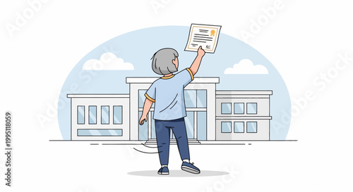 Person holding up a certificate in front of a building.