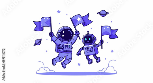 Astronaut and Robot Friends Exploring Space Together.