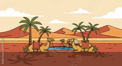 Two camels resting by a desert oasis with palm trees.
