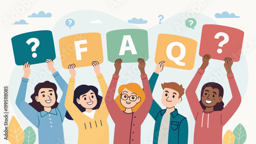 A group of people holding up letters and question marks to spell out faq