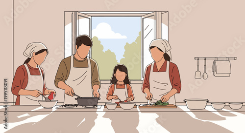 Family cooking together in a bright kitchen scene.