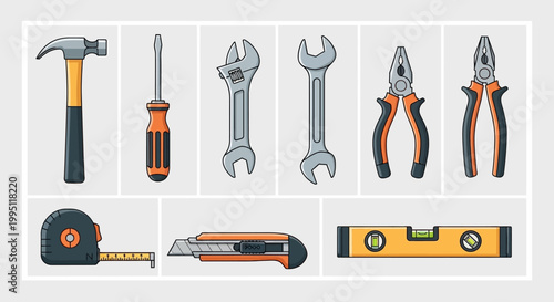 Set of Tools: Hammer, Screwdriver, Wrenches, Pliers, Tape Measure, Cutter, Level