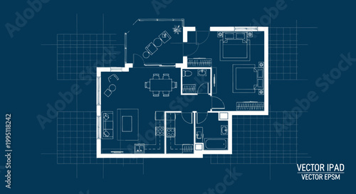 Blueprint Floor Plan of Modern Apartment with Furniture Layout