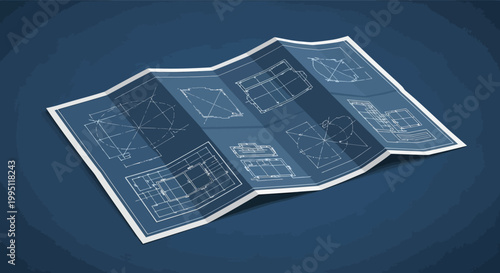 Blueprint Plans for Building Project, Architectural Drawing, Folded Blueprint Paper