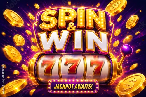 Spin and Win Casino Slot Machine with 777 Jackpot, Gold Coins Explosion and Winning Banner
