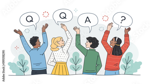 Diverse group of people asking questions with speech bubbles