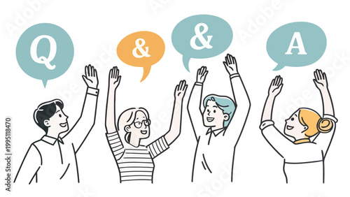 Four people raising hands with question and answer speech bubbles