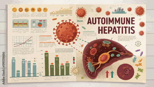 Autoimmune hepatitis infographic with liver and virus graphics