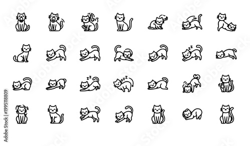 Cat behavior icon collection 30 poses mixed stroke outline vector isolated on white