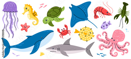 Cute sea animals set with whale, shark, octopus, turtle, crab, jellyfish and fish. Colorful vector marine collection for kids design. 