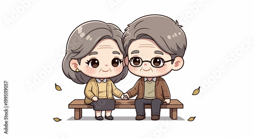 Cute elderly couple holding hands on a bench.