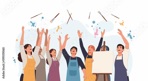 Diverse group of artists celebrating creative success together.