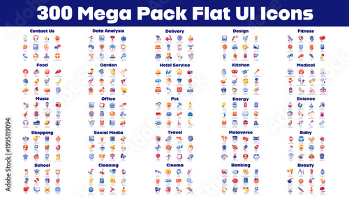 300 Flat UI Icon Pack with Business, Travel and Medical Categories
