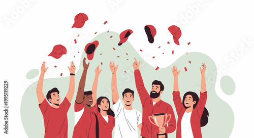 Diverse group of people celebrating success throwing hats in air.