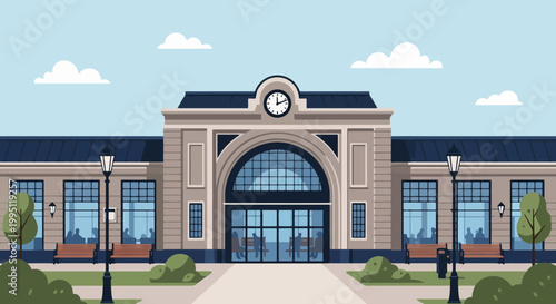 Grand Train Station Building Facade with Clock.