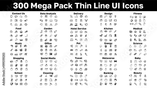 300 thin line UI icons pack arranged in category grid on white background