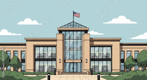 Modern Government Building Facade with American Flag.