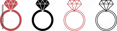 Four different colored diamond ring icons in various line styles and colors on white